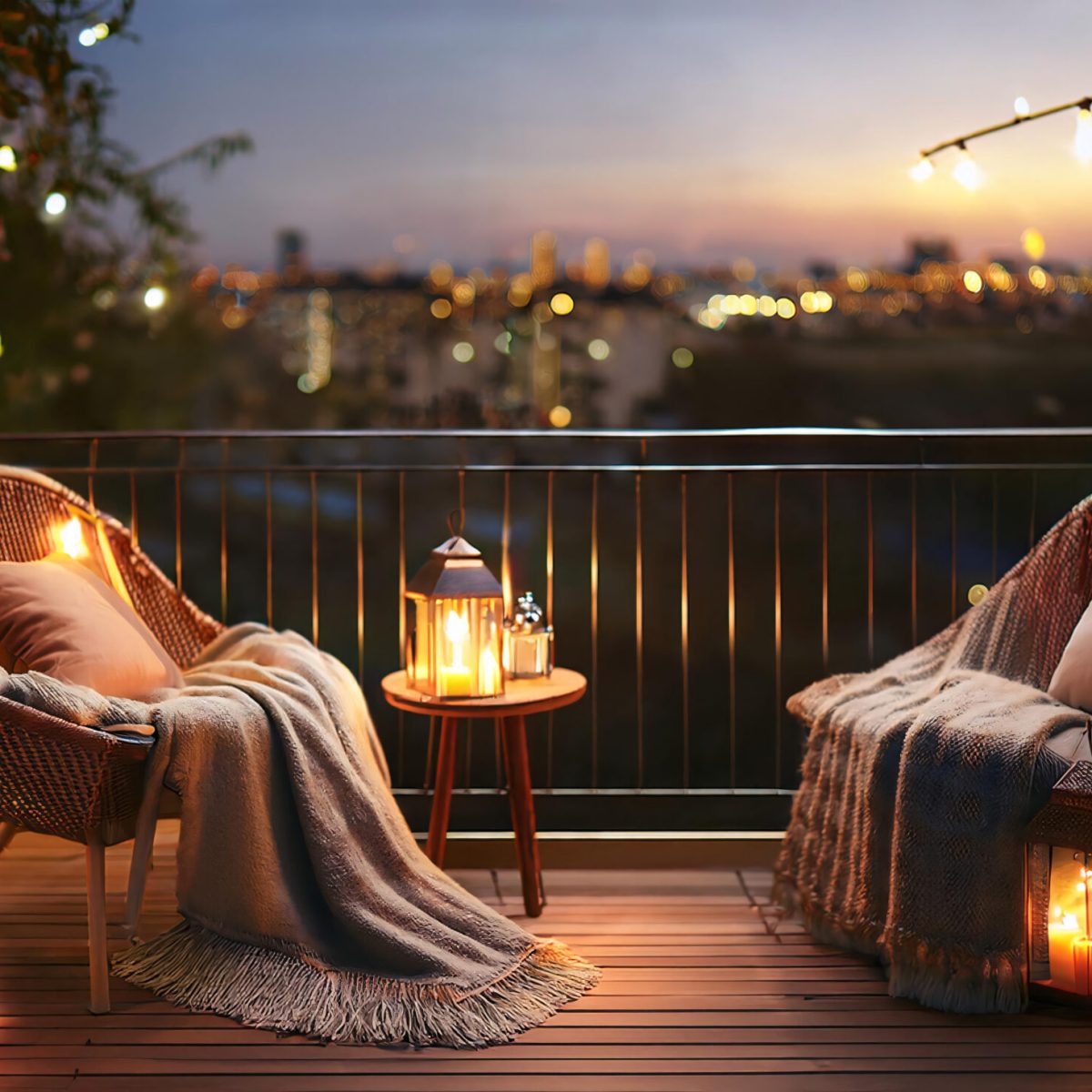Romantic Balcony with Candle Lanterns and Soft Lighting